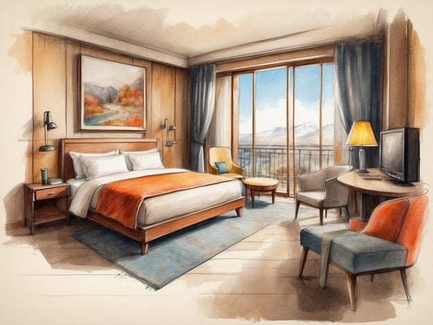Auf dem Bild ist ein gemütliches Hotelzimmer zu sehen. Es enthält folgende Unterkünfte und Einrichtungen:- Ein großes Bett mit weißen Laken und einer orangefarbenen Decke.- Nachttische auf beiden Seiten des Bettes mit Lampen.- Bequeme Sitzgelegenheiten, darunter zwei Stühle und ein Pouf.- Ein Tisch mit einem Fernseher und einem Arbeitsbereich.- Fenster, die einen Blick auf die Landschaft bieten, mit Vorhängen.- Ein Teppich auf dem Boden und ein dekoratives Gemälde an der Wand.Das Zimmer vermittelt eine einladende und entspannende Atmosphäre.