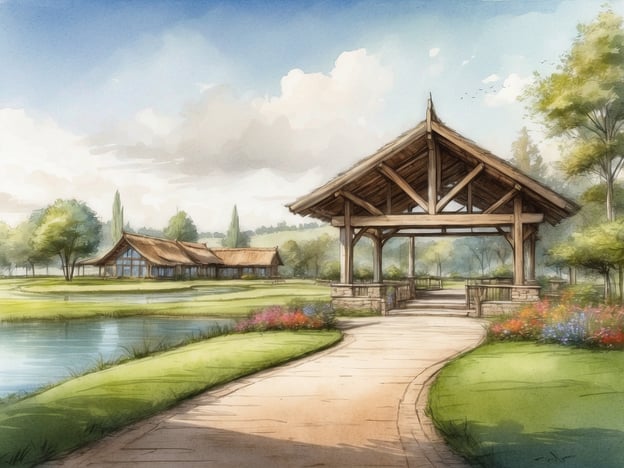 Auf dem Bild ist eine malerische Landschaft zu sehen, die von Natur und Architektur geprägt ist. Im Vordergrund führt ein gepflasterter Weg zu einem hübschen Pavillon mit einem Holzdach, umgeben von bunten Blumen und grünen Rasenflächen. Im Hintergrund sind weitere Gebäude, die ebenfalls mit einem typischen Reetdach versehen sind, sowie eine ruhige Wasserfläche sichtbar. Diese entspannende Szenerie vermittelt eine einladende Atmosphäre.Willkommen in Landal GreenParks Sluftervallei!
