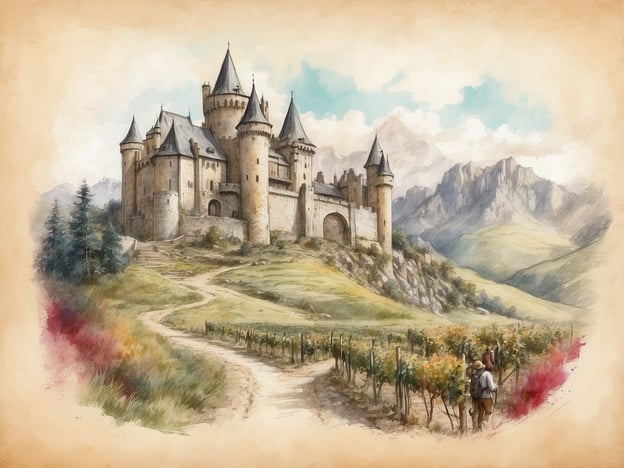 Auf dem Bild ist eine majestätische Burg zu sehen, die von sanften Hügeln und Weinbergen umgeben ist. Die Burg hat hohe Türme und eine romantische Atmosphäre. In der Umgebung könnte man die Weinlese genießen, da die Weinreben üppig wachsen.Aktivitäten in der Gegend könnten Wanderungen in den Bergen oder Radtouren entlang der malerischen Wege sein. Außerdem könnte man die lokale Geschichte erkunden, indem man Führungen durch die Burg macht oder Museen in der Nähe besucht. Ein Picknick in den Weinbergen wäre ebenfalls eine schöne Möglichkeit, die Landschaft zu genießen.