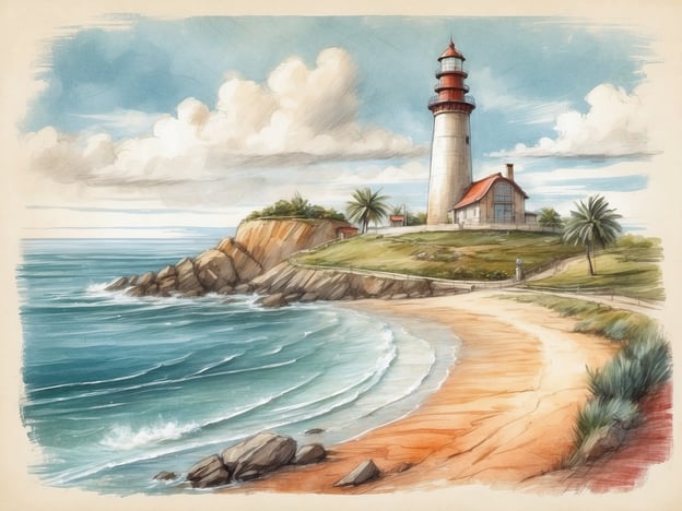 Auf dem Bild ist ein Leuchtturm zu sehen, der an einer malerischen Küste steht. Die Landschaft ist von sanften Hügeln, einem sandigen Strand und einer ruhigen Bucht geprägt. Palmen und eine Haustür in der Nähe des Leuchtturms verleihen der Szene einen tropischen Flair. Die Wolken am Himmel sind hell und laden zu einem sonnigen Tag ein.Willkommen auf Terschelling!