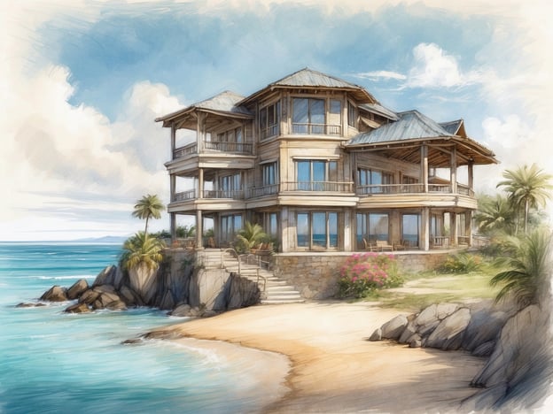 Auf dem Bild ist eine beeindruckende Villa zu sehen, die sich am Strand befindet. Die Architektur ist modern und großzügig, mit vielen Fenstern, die einen Blick auf das Meer bieten. Umgeben wird das Gebäude von tropischen Pflanzen und Palmen, und der Himmel ist hell mit einigen Wolken. Der sandige Strand verläuft sanft bis zum Wasser, und kleine Felsen sind in der Nähe sichtbar, was eine malerische Atmosphäre schafft.Die Résidence Terschelling bietet eine ähnliche, einladende Umgebung mit hochwertigen Unterkünften, die ideal für Erholung und entspannende Urlaube am Meer sind.