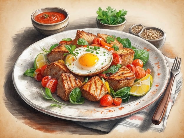 Auf dem Bild ist ein Teller mit einem köstlichen Gericht zu sehen, das mehrere gegrillte Stücke Fleisch oder Fisch, Cherry-Tomaten, frische Kräuter sowie ein Spiegelei aufweist. Neben dem Hauptgericht sind auch Zitronenscheiben und eine Portion Sauce zu erkennen. Die Farben und die Anordnung der Zutaten vermitteln ein einladendes und appetitanregendes Bild.Genieße die lokale Küche und Kultur, indem du solche Gerichte ausprobierst, die oft mit frischen, regionalen Zutaten zubereitet werden!