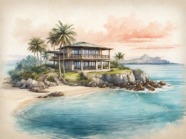 Auf dem Bild ist ein idyllisches Strandhaus zu sehen, das auf einem kleinen Felsen direkt am Meer steht. Umgeben von Palmen und mit einem Ausblick auf das Wasser, vermittelt das Bild eine entspannte, tropische Atmosphäre.Landal GreenParks West Terschelling liegt auf der niederländischen Insel Terschelling in der Nordsee. Die Lage bietet eine Kombination aus Küstenlandschaft und Natur, ähnlich wie auf dem Bild angedeutet. Hier kann man schöne Strände und die Ruhe der Natur genießen.