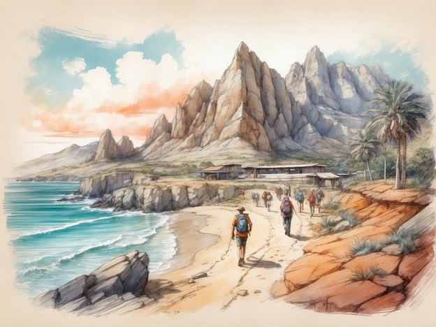 Auf dem Bild sind Wanderer zu sehen, die einen malerischen Küstenweg entlanglaufen, umgeben von beeindruckenden Bergen. Diese Szenerie erinnert an wunderschöne Wandergebiete, wie zum Beispiel die Küste von Costa Rica oder die Nationalparks in Kalifornien.In der Umgebung könnten Aktivitäten wie Wandern, Radfahren oder Geocaching angeboten werden. Auch der Besuch von nahegelegenen Stränden zum Schwimmen oder Schnorcheln wäre möglich. Zudem bieten sich geführte Touren an, um die lokale Flora und Fauna zu entdecken, oder es gibt Optionen für Bootsausflüge, um die Küste aus einer anderen Perspektive zu betrachten. Ein solches Gebiet könnte auch kulturelle Sehenswürdigkeiten oder kleine Küstendörfer beinhalten, die einen Einblick in die lokale Lebensweise bieten.