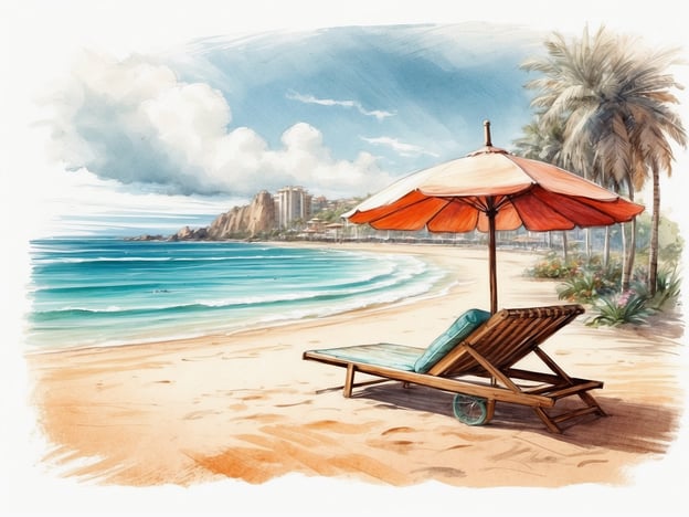 Auf dem Bild ist ein schöner Strand zu sehen, der mit feinem Sand und calmem Wasser charakterisiert ist. Im Vordergrund steht eine Liege mit einem Sonnenschirm, ideal für Entspannung und Sonnenbaden. Neben der Liege gibt es tropische Palmen, die eine angenehme Urlaubsatmosphäre schaffen.Aktivitäten, die man hier genießen kann, sind Schwimmen im Meer, Sonnenbaden, Strandspaziergänge und möglicherweise Wassersportarten wie Schnorcheln oder Surfen. Die Aussicht auf die Küstenlinie und die Wolken am Himmel sorgt für eine malerische Kulisse, die zum Verweilen einlädt.