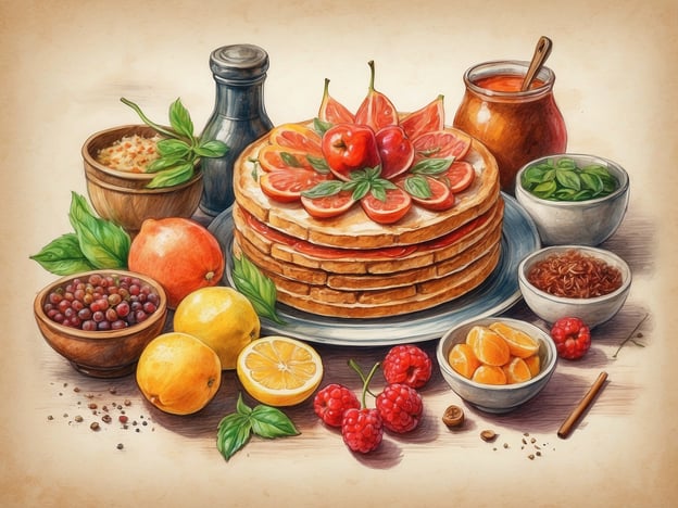 Auf dem Bild ist ein üppiger Tisch voller kulinarischer Genüsse zu sehen. Im Mittelpunkt steht ein großer, übereinander gestapelter Pfannkuchen, der mit frischen Zutaten wie Tomaten und Kräutern dekoriert ist. Um den Pfannkuchen herum finden sich verschiedene Früchte: leuchtende Himbeeren, süße Mandarinen, saftige Äpfel und Zitrusfrüchte wie Zitronen, die in vielen Regionen Europas eine besondere Bedeutung haben.Zusätzlich gibt es kleine Schalen mit verschiedenen Leckereien, darunter gehackte Nüsse und vielleicht einen leckeren, hausgemachten Aufstrich oder Marmelade, was typisch für viele deutsche Frühstücks- oder Brunchvariationen ist. Allgemein strahlt das Bild einen regionalen Flair aus, der die Freude am Essen und die Vielfalt frischer Zutaten zelebriert.