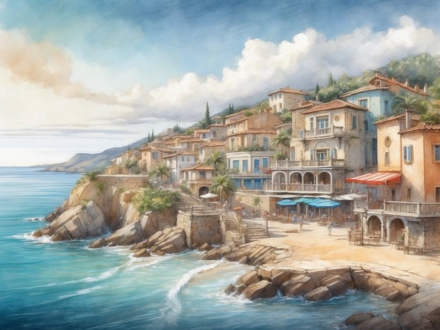 Auf dem Bild ist eine malerische Küstenlandschaft zu sehen. Die Lage zeigt eine Gruppe von charmanten, bunten Häusern, die sich an einem Hang zum Meer hinauffächern. Vor diesen Häusern gibt es eine Terrasse mit schattenspendenden Sonnenschirmen, die zu einem einladenden Ort für Cafés oder Restaurants gehören könnte.Die Umgebung ist geprägt von einer Kombination aus felsiger Küste und sanften Wellen, die gegen die Steine schlagen. Im Hintergrund sind sanfte Hügel und Wolken am Himmel zu sehen, die dem Bild eine ruhige und friedliche Atmosphäre verleihen. Die Palmen und das mediterrane Flair unterstreichen zusätzlich das entspannte Urlaubsgefühl.