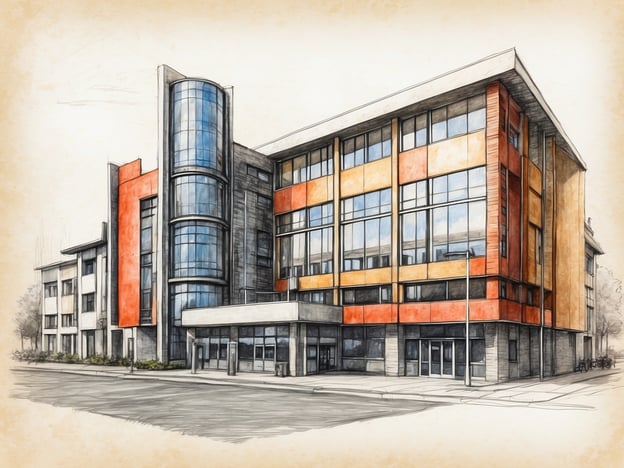 Auf dem Bild ist ein modernes Gebäude zu sehen, das durch seine auffällige Architektur mit großen Fenstern und einem bunten Fassadendesign beeindruckt. Es könnte als ein Beispiel für zeitgemäße Baukunst interpretiert werden.In Bezug auf die Geschichte von Husum könnte man sagen, dass die Stadt, bekannt für ihre historischen Gebäude und ihren Hafen, in den letzten Jahren ebenfalls eine Entwicklung hin zu moderneren Strukturen erfahren hat. Diese Entwicklung spiegelt den Wandel wider, den viele Städte im Norden Deutschlands erleben, während sie Tradition und modernes Leben miteinander verbinden.