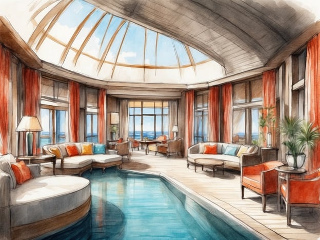 Auf dem Bild ist ein elegantes und komfortables Wohnzimmer zu sehen. Die Unterkunft verfügt über große Fenster, die einen Blick auf das Wasser bieten, sowie eine Glaskuppel an der Decke, die viel natürliches Licht hereinlässt.In der Ausstattung sind mehrere gemütliche Sitzgelegenheiten, darunter eine große, geschwungene Couch mit bunten Kissen, ein runder Tisch und ein paar Sessel. Zudem gibt es einen kleinen Pool im Raum, der zur Entspannung einlädt. Pflanzen und dekorative Elemente verleihen dem Raum eine einladende Atmosphäre. Die Farbpalette umfasst warme Töne, die zur Gemütlichkeit beitragen.