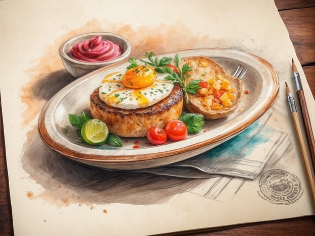 Auf dem Bild ist ein köstliches Gericht zu sehen, das möglicherweise aus einer Kombination von Aromen und Texturen besteht. Im Mittelpunkt steht ein rustikaler Brotlaib, der mit einem weichgekochten Ei garniert ist, auf dem ein perfekter, leuchtend gelber Eigelb sitzt. Daneben befinden sich frische Cherry-Tomaten und einige grüne Blätter, die für eine frische Note sorgen.Zusätzlich sieht man eine Schale mit einer Fruchtsauce oder Marmelade, die eine süße Komponente hinzufügt. Ein kleiner Teller bietet möglicherweise eine Gemüse- oder Obstbeilage, die das Gericht abrundet. Die Verwendung von Limette deutet auf eine spritzige Frische hin, die dem Ganzen eine spannende Geschmacksdimension verleiht. Dieses kulinarische Highlight strahlt Genuss und Kreativität aus!