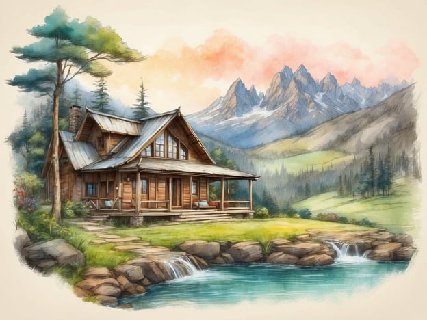 Auf dem Bild ist eine idyllische Landschaft mit einem Holzhaus zu sehen, umgeben von Bäumen und Bergen. Das Haus hat eine Veranda und ist am Rande eines ruhigen Gewässers platziert, neben dem kleine Wasserfälle fließen. Die Szenerie vermittelt ein Gefühl von Ruhe und Natürlichkeit.Landal GreenParks Coldenhove bietet eine ähnliche Umgebung, mit Ferienunterkünften inmitten der Natur. Der Park ist umgeben von Wäldern und wird oft von Gästen besucht, die Erholung und Aktivitäten im Freien suchen. Es gibt verschiedene Freizeitmöglichkeiten, wie Wandern und Radfahren, wodurch der Park besonders für Familien und Naturliebhaber attraktiv ist.