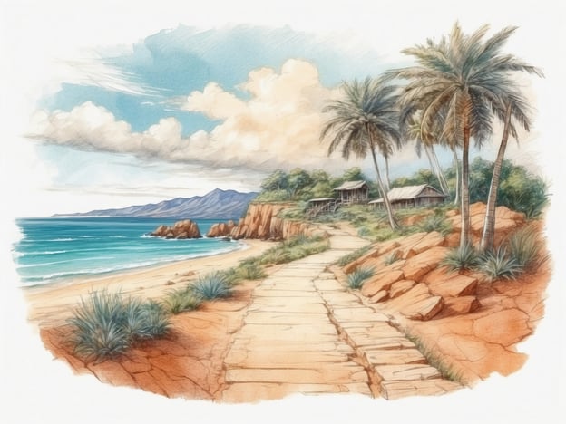 Auf dem Bild ist ein malerischer Küstenweg zu sehen, der von Palmen gesäumt ist und entlang eines Strandes führt. Die sanften Wellen des Meeres laden zum Entspannen und Baden ein. Diese Umgebung eignet sich hervorragend für verschiedene Freizeitmöglichkeiten wie Spaziergänge am Strand, Wassersportarten wie Schwimmen, Schnorcheln oder Surfen sowie für ein Picknick in der Natur.In der Nähe könnten auch Attraktionen wie Strandbars, Restaurants mit Meeresfrüchten oder Aussichtspunkte auf Klippen zu finden sein, von denen aus man den Sonnenuntergang genießen kann. Für Naturliebhaber sind Wanderwege in der Nähe der Küste oder geführte Touren durch die lokale Flora und Fauna ebenfalls eine tolle Möglichkeit, die Umgebung zu erkunden.