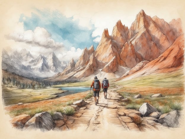 Auf dem Bild sind zwei Wanderer zu sehen, die einen malerischen Wanderweg in den Bergen entlanggehen. Diese Szene lädt zu Aktivitäten in der Natur ein, wie zum Beispiel:1. **Wandern** - Die Wanderer genießen die frische Luft und die beeindruckende Landschaft.2. **Naturerkundung** - Die Umgebung bietet viele Möglichkeiten, die Flora und Fauna zu beobachten.3. **Fotografie** - Solch atemberaubende Landschaften sind perfekt für Naturfotografie.4. **Picknicken** - An schönen Stellen entlang des Weges kann man eine Pause machen und ein Picknick genießen.5. **Zelten** - In der Nähe könnten auch Möglichkeiten zum Campen bestehen.Diese Freizeitaktivitäten fördern nicht nur die körperliche Gesundheit, sondern auch das Wohlbefinden in der Natur.