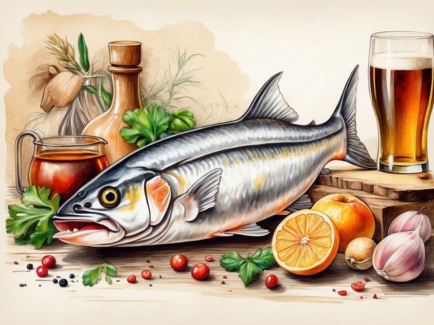 Auf dem Bild ist ein großer Fisch zu sehen, umgeben von verschiedenen kulinarischen Zutaten. Dazu gehören frische Kräuter, Gemüse wie Zwiebeln, sowie Früchte wie Orangen und Äpfel. Neben dem Fisch steht ein Glas Bier und eine Flasche mit einer dunklen Flüssigkeit.In Husum könnte ein solches Gericht frisch zubereitet werden, idealerweise mit regionalen Produkten. Der Fisch könnte beispielsweise ein Highlight in einem Restaurant sein, das sich auf maritime Küche spezialisiert hat, und die Kombination mit lokal gebrautem Bier ergänzt das kulinarische Erlebnis hervorragend.