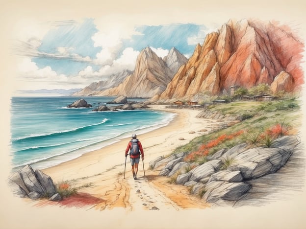 Auf dem Bild ist ein malerischer Strand zu sehen, der von beeindruckenden Bergen umgeben ist. Ein Wanderer mit einem Rucksack und einem Stock erkundet den Küstenweg, während die Wellen sanft den Sandstrand erreichen.Aktivitäten, die man dort unternehmen könnte, sind:- **Wandern**: Die beeindruckenden Berge und der Küstenweg laden zu ausgedehnten Wanderungen ein.- **Schwimmen**: Das klare Wasser bietet eine perfekte Möglichkeit zum Schwimmen und Baden.- **Fotografieren**: Die atemberaubende Landschaft ist ideal für Fotografie-Enthusiasten.- **Picknicken**: Man könnte eine Pause am Strand einlegen und die Natur genießen.- **Entspannen**: Einfach am Strand sitzen, die Aussicht genießen und die Seele baumeln lassen.Ein ideales Ausflugsziel für Naturfreunde und Abenteurer!