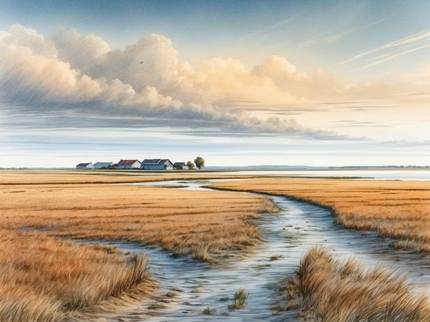 Auf dem Bild ist eine idyllische Landschaft mit weiten Feldern und einem kleinen Wasserlauf zu sehen, die an die Küstenregion um Husum erinnert. In dieser Gegend kannst du zahlreiche Aktivitäten genießen, wie zum Beispiel:1. **Wanderungen im Watt** - Erkunde das UNESCO-Welterbe Wattenmeer und erlebe die einzigartige Flora und Fauna.2. **Fahrradtouren** - Radle entlang der Deiche und genieße die frische Luft und wunderschöne Ausblicke auf die Landschaft.3. **Schafherden beobachten** - In der Region sind viele Schafherden unterwegs, was typische norddeutsche Szenen bietet.4. **Bootstouren** - Entdecke die Gewässer rund um Husum mit einer Bootstour und halte Ausschau nach Vögeln und anderen Tieren.5. **Besuche von historischen Orten** - Husum selbst hat eine charmante Altstadt mit interessanten Museen und historischen Gebäuden.Die idyllische Landschaft auf dem Bild spiegelt die natürliche Schönheit der Region wider.