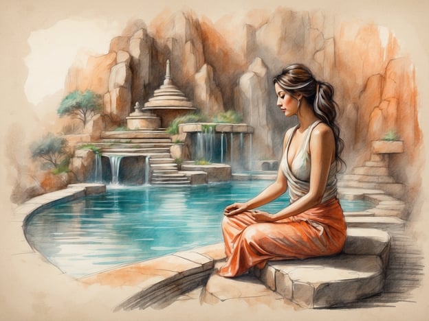Auf dem Bild ist eine Frau zu sehen, die in einer ruhigen und harmonischen Umgebung sitzt. Der Hintergrund zeigt einen malerischen Wasserfall und ein Schwimmbecken, umgeben von Felsen und Pflanzen. Diese Szenerie vermittelt ein Gefühl von Entspannung und Wohlbefinden.Solche Wellness- und Erholungsmöglichkeiten bieten ideale Bedingungen zum Meditieren und Abschalten vom Alltagsstress. Die geschützte Atmosphäre fördert die innere Ruhe und kann dazu beitragen, Körper und Geist zu regenerieren. Solche Plätze sind perfekt für eine Auszeit oder um in eine entspannte mentale Verfassung zu gelangen.