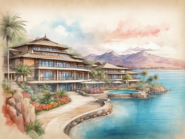 Auf dem Bild ist eine elegante Ferienanlage zu sehen, die direkt am Wasser liegt. Sie besteht aus mehreren Gebäuden im traditionellen stilisierten Design mit großen Fenstern, die einen schönen Ausblick bieten.In der Umgebung gibt es eine üppige Landschaft mit Palmen und bunten Blumenbeeten, die eine entspannende Atmosphäre schaffen. Es ist auch ein Swimmingpool sichtbar, der sich in der Nähe des Wassers befindet, ideal für Erholung und Freizeit. Die gesamte Anlage wirkt luxuriös und einladend, perfekt für Urlauber, die Entspannung und Natur genießen möchten.