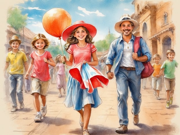 Auf dem Bild sind eine Familie und mehrere Kinder zu sehen, die fröhlich durch eine belebte Straße spazieren. Es sieht so aus, als ob sie einen Ausflug machen, vielleicht zu einem Fest oder einem Markt.Freizeitmöglichkeiten für die ganze Familie könnten Folgendes umfassen:1. **Picknick im Park**: Gemeinsam im Freien essen und spielen.2. **Besuch eines Freizeitparks**: Spaßige Fahrgeschäfte und Attraktionen für alle Altersgruppen.3. **Tierpark oder Zoo**: Tiere beobachten und mehr über sie lernen.4. **Fahrradtour**: Gemeinsam die Umgebung erkunden und aktiv sein.5. **Gemeinsame Bastel- oder Spielnachmittage**: Kreativität fördern und Spaß haben.Diese Aktivitäten bieten tolle Möglichkeiten, Zeit miteinander zu verbringen und die Freizeit zu genießen.