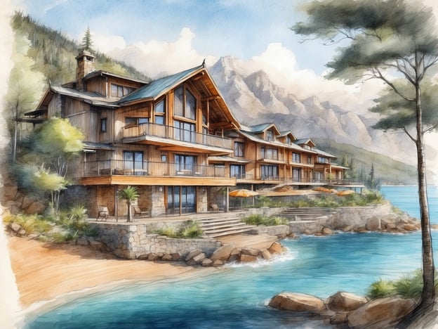Auf dem Bild ist eine malerische Landschaft mit einem modernen, holzverkleideten Gebäude am Wasser zu sehen. Es handelt sich um eine Unterkunft, die aufgrund ihrer Architektur und der Lage in der Natur sehr einladend wirkt.Im Landal Rabbit Hill gibt es verschiedene Unterkunftsoptionen, die vielleicht ähnliche Annehmlichkeiten bieten. Dazu zählen gemütliche Ferienhäuser, die ideal für Familien oder kleine Gruppen sind. Diese Unterkünfte verfügen oft über Terrassen oder Balkone, von denen aus man die schöne Landschaft genießen kann. Außerdem gibt es Komfortunterkünfte mit zusätzlichen Annehmlichkeiten wie Whirlpools oder offenen Kamin.Die Umgebung von Landal Rabbit Hill bietet zudem zahlreiche Freizeitmöglichkeiten, wie Wanderungen und Radfahrten, sodass es ein perfekter Ort für einen entspannten Aufenthalt in der Natur ist.