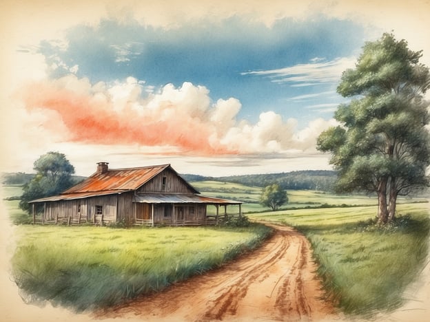 Auf dem Bild ist eine malerische Landschaft mit einem alten, rustikalen Bauernhaus zu sehen. Das Haus hat ein baufälliges Dach und ist von Wiesen und Bäumen umgeben. Ein staubiger Feldweg führt am Haus vorbei und vermittelt eine ruhige, ländliche Atmosphäre.Wenn man die Lage von Landal GreenParks De Veluwse Hoevegaerde betrachtet, liegt dieser Park in einem naturnahen Bereich der Veluwe in den Niederlanden, der für seine Wälder, Heideflächen und abwechslungsreiche Landschaft bekannt ist. So könnte die Szenerie auf dem Bild durchaus eine ähnliche ländliche Idylle darstellen, die man in dieser Region finden könnte.