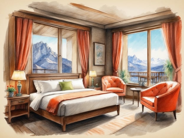 Auf dem Bild ist ein gemütliches Hotelzimmer zu sehen. Die Ausstattung umfasst ein großes, bequemes Bett mit weißen Bettlaken und einer farbigen Decke. Es gibt zwei elegante, orangefarbene Sessel neben einem kleinen Tisch, die eine einladende Sitzecke bilden.Die Wände sind mit großen Fenstern ausgestattet, die einen beeindruckenden Ausblick auf die Berge bieten. Vor den Fenstern hängen lange, rote Vorhänge. Zudem befindet sich eine Nachttischlampe und ein kleiner Tisch mit einem grünen Pflanzenarrangement, was das Ambiente wohnlich und charmant macht.