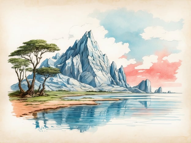 Auf dem Bild ist eine malerische Landschaft mit einem beeindruckenden Bergmassiv zu sehen, das von sanften Hügeln und Wasserflächen umgeben ist. Die Darstellung erinnert an die naturnahen Regionen, die in der Entstehungsgeschichte des Katinger Watts vorkommen. Der Katinger Watt ist ein spannendes Beispiel für die Wechselwirkung zwischen Natur und Mensch, wo Wasser und Land eine harmonische Einheit bilden. Die sanften Farben des Himmels und der Wasseroberfläche erzeugen eine ruhige Stimmung, die typisch für Küstenlandschaften ist.In der Art und Weise, wie die Bäume und Felsen dargestellt sind, spiegelt sich die einzigartige Flora und Fauna wider, die in solchen Feuchtgebieten gedeiht. Diese Landschaft könnte auch die Biodiversität symbolisieren, die im Katinger Watt zu finden ist, eine Region, die für viele Vogelarten und andere Tiere von großer Bedeutung ist.