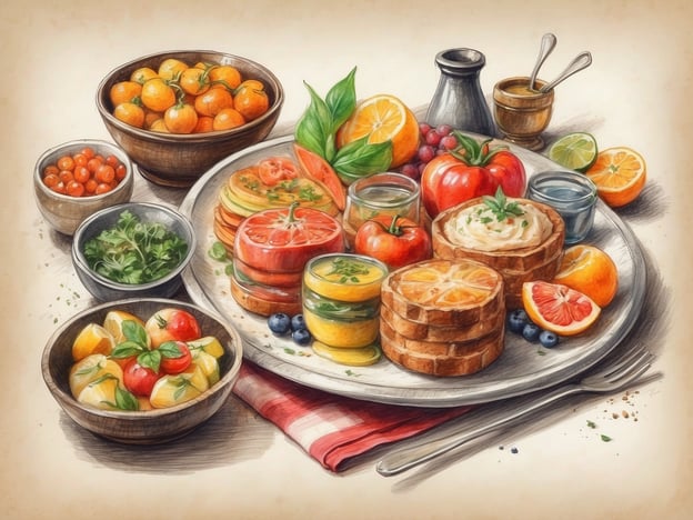Auf dem Bild ist eine kunstvoll angerichtete Platte mit verschiedenen kulinarischen Genüssen zu sehen. Es gibt eine Auswahl an frischen, bunten Gemüse- und Obstsorten, darunter Tomaten, Zitronen, Orangen und Mandarinen, die typischerweise in vielen lokalen Märkten zu finden sind.Die Platte zeigt auch geschichtete Snacks oder Sandwiches, die hübsch mit Kräutern garniert sind. Zu den kleinen Schalen gehören Tomaten und andere frische Kräuter, die man oft in mediterranen oder regionalen Küchen findet. Solch ein Gericht könnte in einem mediterranen Restaurant serviert werden, das für seine frischen Zutaten und Geschmäcker bekannt ist.Ebenfalls auffällig sind die Saucen oder Dressings, die dazu gereicht werden, um die Aromen zu verstärken. Diese Art von plattierter Speise lädt zu einem geselligen Essen ein und spiegelt die Vielfältigkeit lokaler Spezialitäten wider.
