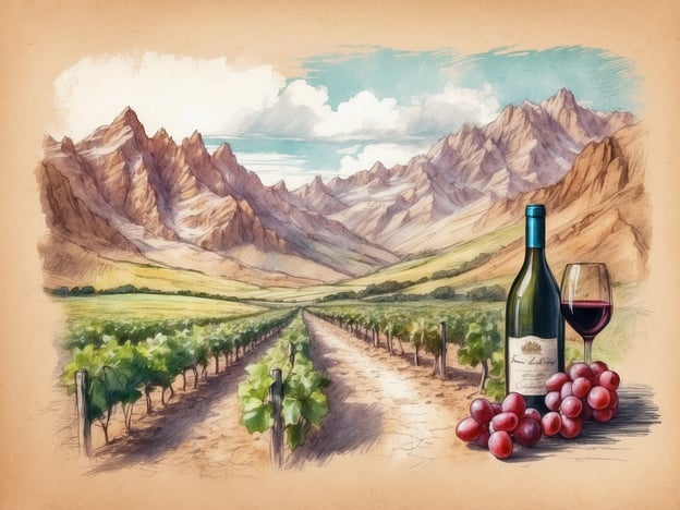 Auf dem Bild sind malerische Weinberge zu sehen, die sich durch eine hügelige Landschaft erstrecken, umgeben von majestätischen Bergen. In der Vordergrund stehen eine Flasche Rotwein und ein Weinglas, begleitet von frischen Trauben. Diese Szene lädt zu vielfältigen Aktivitäten und Freizeitangeboten ein, wie zum Beispiel:- Weinverkostungen in den Weinbergen.- Spaziergänge durch die malerischen Landschaften.- Picknicks in der Natur.- Besuche von Weinfesten oder -messen.- Fotografien der atemberaubenden Aussichten.Solche Erlebnisse vermitteln ein Gefühl von Entspannung und Genuss in einer idyllischen Umgebung.