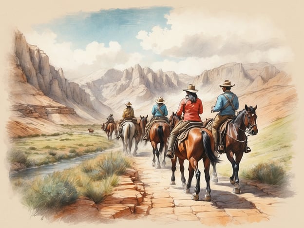 Auf dem Bild sind mehrere Personen zu sehen, die auf Pferden reiten und eine malerische Landschaft durchqueren. Diese Szenerie erinnert an die Natur und die Wildnis von Gebirgen oder weiten Ebenen.In der Umgebung könnten Freizeitangebote wie Reitausflüge, Wanderungen und Campingmöglichkeiten angeboten werden. Sehenswürdigkeiten könnten beispielsweise Nationalparks, historische Stätten oder Aussichtspunkte sein, die atemberaubende Ausblicke auf die Berge und Täler bieten. Zudem könnten auch geführte Touren durch die Landschaft zur Erkundung der örtlichen Flora und Fauna organisiert werden.