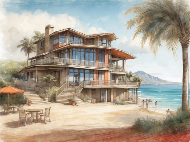 Auf dem Bild ist ein stilvolles, modernes Haus am Strand zu sehen, umgeben von Palmen. Es hat große Fenster, eine Veranda und Terrassen, die einen Blick auf das Meer bieten. Im Vordergrund steht ein Tisch mit Stühlen und ein Sonnenschirm. Einige Personen sind am Strand und im Wasser zu sehen.Die Lage von Landal GreenParks Dunimar ist an der nordholländischen Küste bei Sint Maarten, wo man ebenfalls schöne Strände und eine entspannte Atmosphäre genießen kann, aber das dargestellte Haus scheint eher tropisch oder karibisch inspiriert zu sein, was nicht dem typischen Stil von Dunimar entspricht.