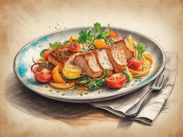 Auf dem Bild ist ein kunstvoll angerichteter Teller zu sehen, der eine köstliche Mahlzeit darstellt. Es handelt sich um saftig gebratenes Fischfilet, das in Stücke geschnitten ist, begleitet von bunten Cherry-Tomaten und einer frischen Beilage aus grünen Blättern. Der Fisch liegt auf einem Bett aus Pasta, was dem Gericht eine italienische Note verleiht.Solch ein kulinarisches Erlebnis könnte in einem gehobenen Restaurant genossen werden, das sich auf frische Meeresfrüchte und mediterrane Küche spezialisiert hat. Es ist der perfekte Platz für einen entspannten Abend, um die Aromen des Meeres mit einem Glas Wein zu kombinieren und das Ambiente eines stilvollen Interieurs zu genießen.