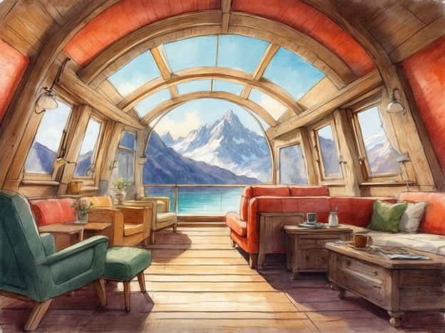 Auf dem Bild ist ein gemütlicher Wohnbereich in einem Chalet oder einer Lodge zu sehen. Die großen Fenster bieten einen beeindruckenden Blick auf die Berge und das Wasser.**Unterkünfte:** Der Raum ist aus Holz gebaut und enthält verschiedene Sitzmöglichkeiten, darunter ein grüner Sessel und eine rote Couch. Es gibt auch kleine Tische, die für entspannte Stunden geeignet sind.**Aktivitäten:** In dieser Umgebung könnten die Gäste Aktivitäten wie Entspannen, Lesen oder einfach das Panorama genießen. Zudem bietet sich die Möglichkeit für gesellige Abende mit Freunden oder Familie in der gemütlichen Atmosphäre.