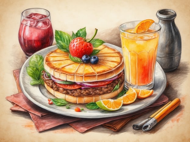 Auf dem Bild ist ein lecker aussehendes Gericht zu sehen. Es handelt sich um ein Sandwich, das aus zwei Scheiben Brot mit einer herzhaften Füllung besteht. Diese Füllung scheint aus einer fleischigen Masse, frischen Tomatenscheiben, Zwiebeln und einigen Blättern Salat zu bestehen. Auch einige Kräuter und Beeren, wie eine Erdbeere und Heidelbeeren, sind darauf dekoriert.Zusätzlich gibt es zwei Getränke: Ein Glas mit einer dunklen, wahrscheinlich fruchtigen Limonade und ein weiteres Glas mit einem erfrischenden, hellen Getränk, das möglicherweise aus Orangensaft besteht, garniert mit einer Orangenscheibe. Auf dem Teller liegen auch einige frische Orangenscheiben als Beilage.