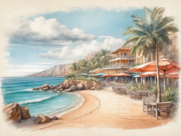 Auf dem Bild ist eine malerische Strandpromenade zu sehen, die von Palmen gesäumt ist. Die sanften Wellen des Meeres schlagen an den Sandstrand, während Liegestühle und Sonnenschirme zum Entspannen einladen.Eine schöne Möglichkeit, diesen Ort zu erleben, wäre ein Besuch eines nahegelegenen Strandes, um schwimmen zu gehen oder Wassersportarten wie Paddleboarding oder Schnorcheln auszuprobieren. Empfehlenswert ist auch ein Spaziergang entlang der Küste, um die atemberaubende Landschaft und die umliegenden Klippen zu genießen.Für Feinschmecker gibt es in den umliegenden Cafés und Restaurants sicher frische Meeresfrüchte und regionale Spezialitäten zu entdecken. Zudem wäre eine Boots- oder Katamaran-Tour eine tolle Gelegenheit, die Küste vom Wasser aus zu erkunden.
