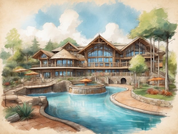Auf dem Bild ist eine malerische Ansicht eines Gebäudes zu sehen, das im Stil eines Ferienresorts gestaltet ist. Es hat große Fenster, einen rustikalen Charme und ist von einer schönen Umgebung, einschließlich Pflanzen und einem Poolbereich, umgeben.Im Kontext von Landal GreenParks Het Vennenbos könnte dies eine Darstellung des zentralen Empfangs- oder Freizeitbereichs des Parks sein, der typischerweise für Erholung und Aktivitäten im Freien geeignet ist. Der Park bietet zahlreiche Möglichkeiten für Familien und Naturfreunde, darunter Wanderwege, Spielplätze und Aktivitäten in der Natur.