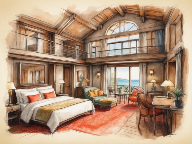 Auf dem Bild ist ein stilvolles Schlafzimmer in einem luxuriösen Hotel oder einer Ferienwohnung zu sehen. Die Unterkunft verfügt über ein großes, bequemes Bett mit klassischen weißen und farbigen Kissen. Neben dem Bett stehen zwei Tischlampen. Die Einrichtung ist warm und einladend, mit Holzverkleidungen und großen Fenstern, die einen Blick auf das Meer oder die Landschaft ermöglichen.Im Raum gibt es zudem einen gemütlichen Sitzbereich mit einem Sofa und zwei Stühlen. Ein kleiner Tisch ergänzt diesen Bereich. Außerdem ist ein Schreibtisch vorhanden, der ideal für Arbeiten oder Planungen während des Aufenthalts ist. Der Boden ist mit einem attraktiven Teppich bedeckt, der dem Raum zusätzlich Gemütlichkeit verleiht. Das Gesamtbild vermittelt eine entspannende und elegante Atmosphäre.