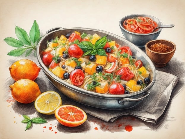 Auf dem Bild ist eine bunte, appetitliche Schüssel mit einem frischen Obst- und Gemüsesalat zu sehen. Der Salat scheint eine Vielzahl von frischen Zutaten wie Tomaten, Paprika, und Beeren zu enthalten, die alle harmonisch miteinander kombiniert sind. Um die Schüssel herum liegen einige Zitronen und eine Blutorange, die dem Gericht einen spritzigen Akzent verleihen könnten.Nebst der Hauptschüssel stehen zwei weitere Schalen: eine mit bunten, vielleicht eingelegten, Gemüsestreifen und eine andere mit einer würzigen Paste oder Sauce, die dem Gericht zusätzlichen Geschmack verleihen kann. Diese Kombination aus frischen und aromatischen Zutaten verspricht ein köstliches kulinarisches Erlebnis.