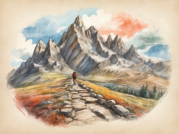 Auf dem Bild ist eine malerische Berglandschaft mit hohen Gipfeln und einem Wanderer zu sehen, der einen Wanderweg entlanggeht. In dieser Umgebung könnten verschiedene Freizeitaktivitäten genossen werden, wie zum Beispiel:- **Wandern**: Es gibt zahlreiche Wanderwege, die durch die beeindruckende Natur führen.- **Bergsteigen**: Für Abenteurer gibt es Möglichkeiten, die Gipfel zu erklimmen.- **Fotografieren**: Die beeindruckenden Landschaften sind ideale Motive für Naturfotografie.- **Picknicken**: An malerischen Plätzen kann man die Ruhe und Schönheit der Natur genießen.- **Tierbeobachtung**: In der Region könnten viele Tierarten in ihrem natürlichen Lebensraum beobachtet werden.Diese Aktivitäten machen die Umgebung besonders attraktiv für Naturliebhaber und Outdoor-Enthusiasten.