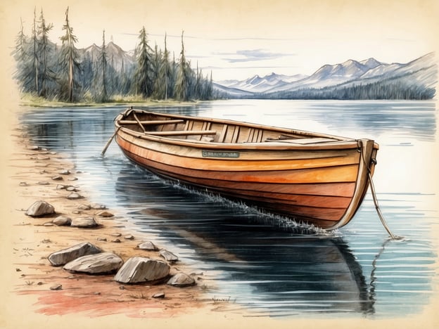Auf dem Bild ist ein hölzernes Boot zu sehen, das am Ufer eines ruhigen Gewässers angedockt ist. Um das Boot herum gibt es eine schöne Naturkulisse mit Bäumen und Bergen im Hintergrund.Diese Szenerie bietet viele Freizeitmöglichkeiten, wie zum Beispiel:- **Rudern**: Man kann im Boot die Umgebung erkunden und die Ruhe der Natur genießen.- **Angeln**: An einem solchen Gewässer eignet sich Angeln hervorragend für einen entspannten Tag.- **Wandern**: Die umliegenden Berge bieten viele Wanderwege für Naturliebhaber.- **Picknicken**: Am Ufer kann man ein Picknick genießen und die Aussicht bewundern.Insgesamt lädt die Landschaft zu vielfältigen Outdoor-Aktivitäten ein.
