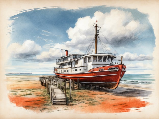 Auf dem Bild ist ein großes, rot-weißes Schiff zu sehen, das an einem Strand liegt, umgeben von einem weiten Himmel und sanften Wolken. Dieses Szenario könnte an die Geschichte von Friedrichskoog erinnern, einem idyllischen Ort an der Nordsee in Deutschland, der bekannt ist für seine maritime Atmosphäre und schöne Küstenlandschaften.Friedrichskoog hat eine lange Tradition als Seefahrerdorf und ist von Wasser und Natur geprägt. Hier findet man eine Vielzahl von Schiffswracks und historischen Fischereifahrzeugen, die oft als Erinnerungen an die seefahrende Vergangenheit des Ortes dienen. So wie das Schiff auf dem Bild, das möglicherweise einst die Küstengewässer befuhr, hat der Ort viele Geschichten von Abenteuern und der Beziehung zwischen Mensch und Meer zu erzählen.
