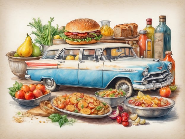 Das Bild zeigt eine bunte Ansammlung kulinarischer Vielfalt und regionaler Spezialitäten, die um ein nostalgisches, blau-weißes Auto angeordnet sind. Zu sehen sind frische Zutaten wie Gemüse und Obst, darunter Äpfel und Birnen, die typischerweise in vielen traditionellen Küchen verwendet werden.Außerdem ist ein Hamburger präsent, der für die amerikanische Grillkultur steht, und verschiedene Beilagen sowie Saucen, die die Vielfalt der Esskultur widerspiegeln. Die zahlreichen Schalen mit Salaten und weiteren Gerichten zeigen die Vielfalt an regionalen Rezepten, die aus frischen und saisonalen Zutaten bestehen. Die gesamte Szenerie vermittelt ein Gefühl von Gemeinschaft und Geselligkeit, unterstützt durch die Präsenz des Fahrzeugs, das zu Ausflügen und Picknicks einlädt.
