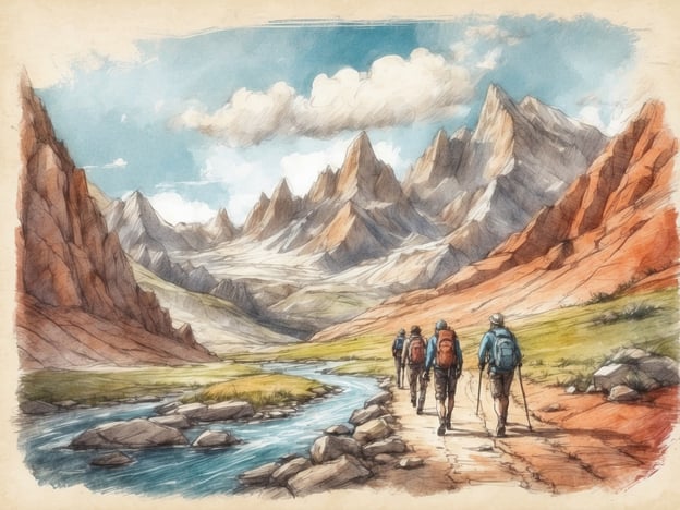 Auf dem Bild sind mehrere Wanderer zu sehen, die einen malerischen Wanderweg entlang gehen. Die Umgebung besteht aus beeindruckenden Bergen und einer schönen Flusslandschaft. Aktivitäten und Freizeitmöglichkeiten, die hier zu sehen sind, umfassen:- **Wandern**: Die Wanderer genießen die Natur auf einem malerischen Pfad.- **Naturerkundung**: Die Region lädt dazu ein, die umliegende Landschaft und Tierwelt zu entdecken.- **Fotografieren**: Die atemberaubende Aussicht bietet ideale Gelegenheiten für Natursfotografie.- **Picknicken**: Der grüne Bereich am Fluss könnte ein schöner Ort für eine Pause und ein Picknick sein.Insgesamt vermittelt das Bild ein Gefühl von Abenteuer und Naturverbundenheit.