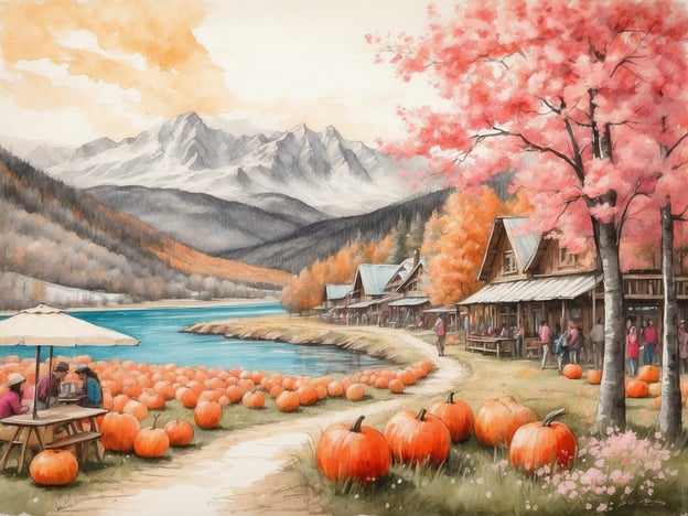 Auf dem Bild sind eine malerische Landschaft mit Bergen, einem Fluss und farbenfrohen Bäumen zu sehen. In der Szene sind viele Kürbisse, was auf den Herbst hinweist. Aktivitäten für jede Jahreszeit könnten wie folgt aussehen:- **Frühling:** Blütenpflücken oder ein Picknick im Park.- **Sommer:** Schwimmen im Fluss oder ein Ausflug zu einem Obstgarten.- **Herbst:** Kürbisernte oder das Feiern von Erntefesten.- **Winter:** Schneeschuhwandern in den Bergen oder ein gemütlicher Abend am Kamin.Die Darstellung weckt die Vorfreude auf saisonale Aktivitäten und das Zusammensein in der Natur.