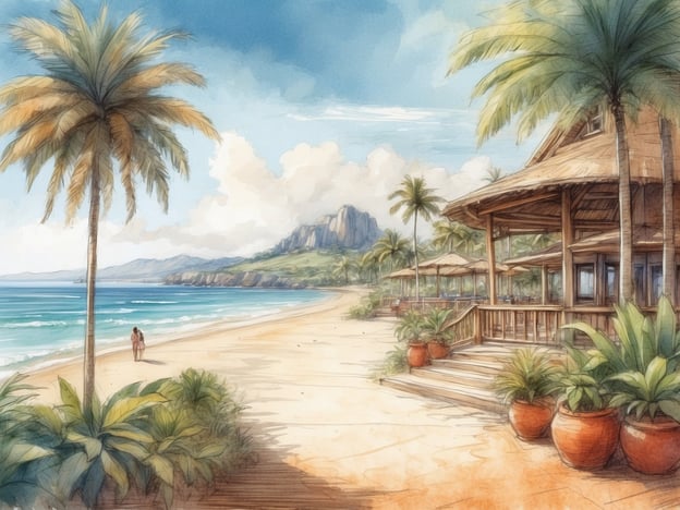 Auf dem Bild ist eine idyllische Strandlandschaft zu sehen. Im Vordergrund sieht man einen weichen Sandstrand, an dem zwei Personen entlanggehen. Umgeben ist der Strand von üppigen Pflanzen und Palmen. Rechts im Bild steht ein tropisches Resort-Haus mit einer überdachten Veranda und gemütlichen Sitzplätzen. Im Hintergrund sind sanfte Hügel und Berge sichtbar, die die Szenerie umrahmen. Insgesamt vermittelt das Bild eine entspannte Urlaubsatmosphäre an einem tropischen Ort.