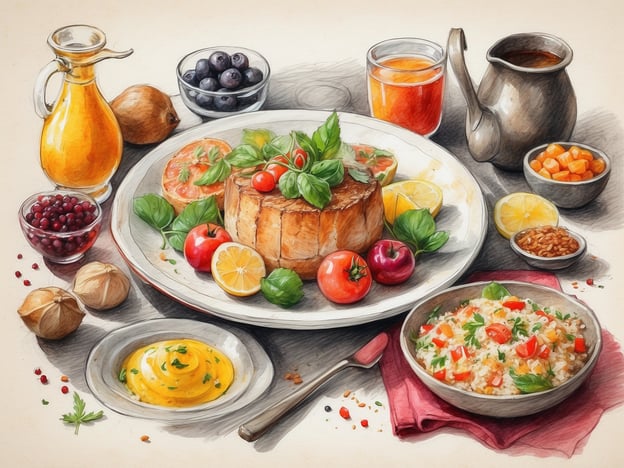 Auf dem Bild sieht man ein köstlich angerichtetes Buffet mit verschiedenen kulinarischen Köstlichkeiten. Im Mittelpunkt steht ein saftiges Stück Fleisch, das mit frischen Kräutern und Tomaten garniert ist. Daneben befinden sich Zitronenscheiben und eine Auswahl an Beilagen.Es gibt ein farbenfrohes Gemüse-Risotto, das mit frischen Kräutern verziert ist, sowie eine cremige Sauce in einer kleinen Schale. Neben dem Fleisch sind verschiedene Früchte wie Heidelbeeren, Johannisbeeren und eine Birne zu sehen, die für eine erfrischende Note sorgen.Außerdem stehen verschiedene Getränke bereit, darunter ein Saft in einem Glas und eine dunkle Flüssigkeit in einer Kanne, die möglicherweise eine Sauce oder ein aromatisches Getränk ist. Das Gesamtbild vermittelt ein Gefühl von festlichem Genuss und kulinarischen Erlebnissen.