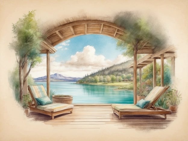 Das Bild zeigt eine entspannende Szenerie an einem Gewässer, die einen Blick auf eine malerische Landschaft bietet. In der Darstellung sieht man zwei Liegen auf einer Veranda, umgeben von Bäumen und mit einem beeindruckenden Ausblick auf einen ruhigen See und sanfte Hügel im Hintergrund.In Bezug auf Landal GreenParks Darwin Forest könnte dieses Bild eine ideale Vorstellung von der Ruhe und Naturverbundenheit vermitteln, die Gäste dort erleben können. Der Park selbst bietet luxuriöse Unterkünfte inmitten der Natur, perfekt für einen erholsamen Urlaub, der Aktivitäten im Freien und die Schönheit der Umgebung vereint.
