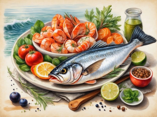 Ein reichhaltiger Teller mit frischen Meeresfrüchten und Gemüse präsentiert sich auf einem rustikalen Tisch. Im Mittelpunkt liegt ein ganzer, glitzernder Fisch, umgeben von saftigen Garnelen und Garnelen. Rote Tomaten, grüne Blätter und Zitronenscheiben ergänzen die Farbenpracht des Gerichts. Zusätzlich sind kleine Schälchen mit frischen Kräutern, Olivenöl und Gewürzen neben dem Hauptgericht platziert, während im Hintergrund das sanfte Rauschen des Meeres zu hören ist. Dieses Bild vermittelt die Vielfalt und Frische der norwegischen Küche, die sowohl vom Meer als auch vom Land inspiriert ist.