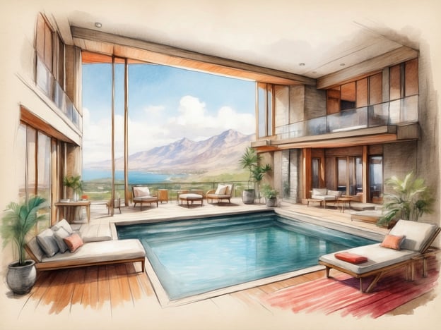 Auf dem Bild ist eine moderne und elegante Architektur zu sehen, die eine großzügige Terrasse mit einem Swimmingpool und einer fantastischen Aussicht auf Berge und Wasser bietet.Die Vorteile von Dayz Resorts wären in diesem Kontext, dass solche Resorts oft eine atemberaubende Lage, luxuriöse Unterkünfte und Einrichtungen wie-Pools, Wellnessbereiche und Restaurantservices bieten. Außerdem bieten sie Möglichkeiten zur Entspannung und Aktivitäten in der Natur, was das Gesamterlebnis für Gäste noch angenehmer gestaltet. Solche Resorts fördern auch das Gefühl von Exklusivität und Komfort, was für viele Urlauber wichtig ist.