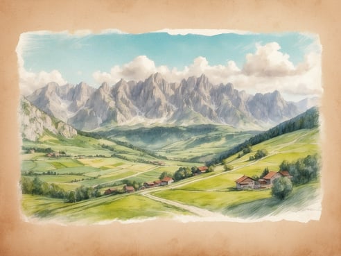 Eine malerische Landschaft in der Steiermark zeigt sanfte Hügel, grüne Wiesen und imposante Berge im Hintergrund. Kleine, traditionelle Bauernhäuser mit roten Dächern sind verstreut in der weitläufigen Szenerie zu sehen. Die Atmosphäre ist friedlich und einladend, während weiße Wolken am blauen Himmel vorbeiziehen. Dieses Bild vermittelt den Charme der steirischen Natur und Kulinarik.